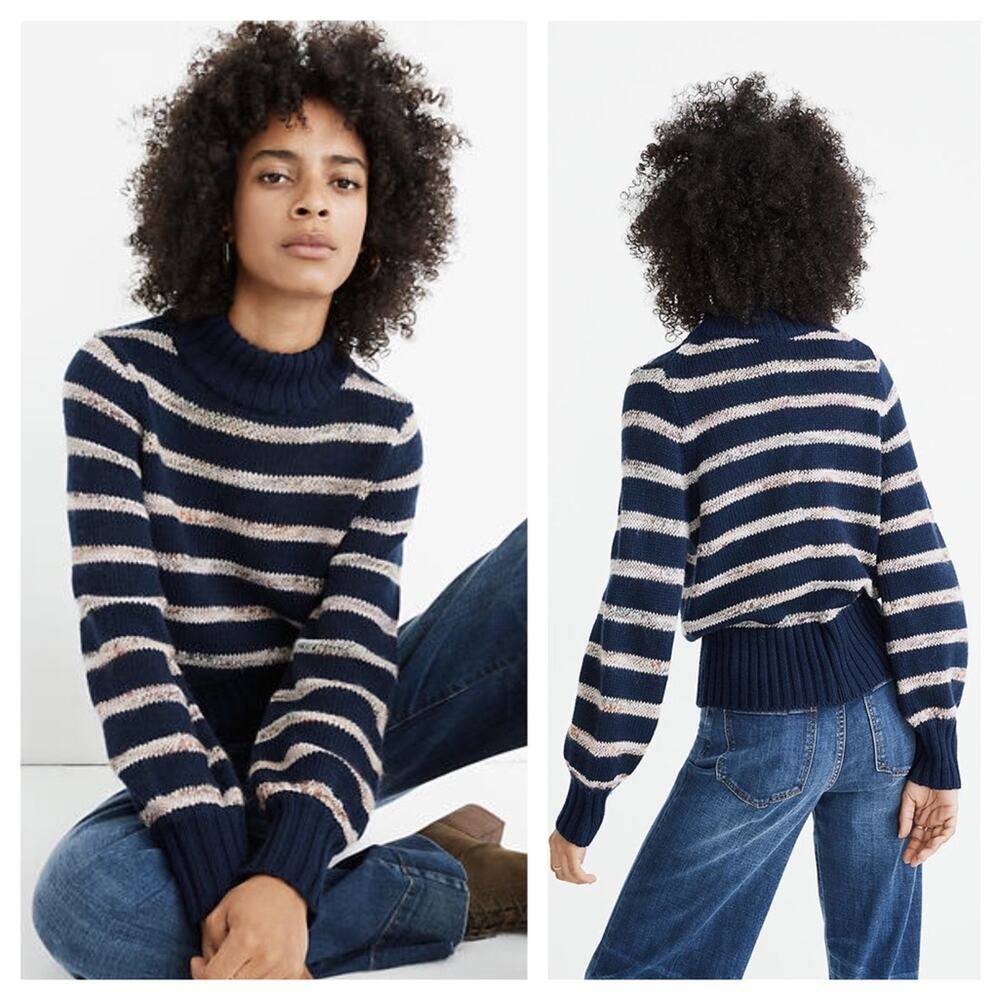 Madewell Blue Striped Wool Sweater XXS Metcalf Mockneck Balloon Sleeve Chunky